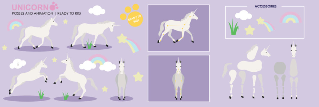 White Unicorn ready to animate with multiple poses accessories. Vector file labeled ready to rig. Horse riding, horse jumping, horses playing. Cute character. 