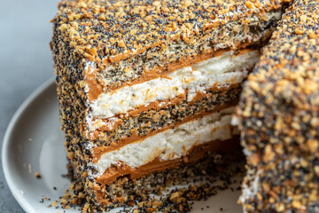 layered cake with cakes nut in condensed milk, Food recipe background. Close up. Layered poppy cake
