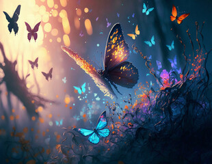 Fototapeta na wymiar Explore the Enchanted Fairy Forest of Magical Butterflies and Mythical Creatures