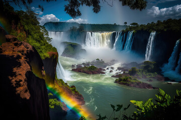 Beautiful sight of a rainbow above a waterfall at Cataratas, Argentina's Iguazu National Park. Generative AI