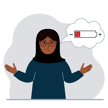 Conceptual illustration of low battery. Sad woman thinks about charging.
