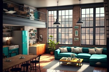 Cozy new york loft style apartment interior with turquoise couch