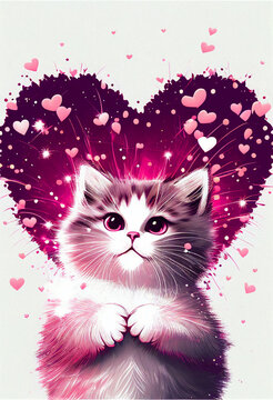 Cute kitten in pink hearts - Valentine's Day concept. AI generated
