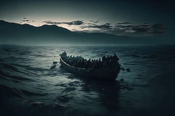 Fototapeta migrants on boat in mediterranean sea dramatic scene illustration generative ai obraz