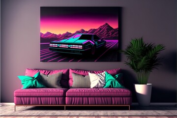 Colorful cyberpunk retro living room interior in California 