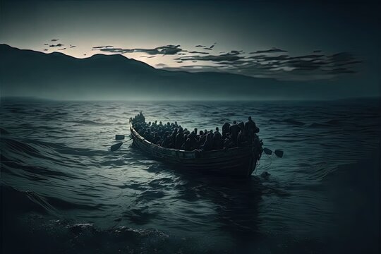 migrants on boat in mediterranean sea dramatic scene illustration generative ai
