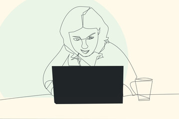 Fototapeta na wymiar woman Working On Laptop, line artt design