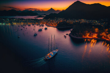 Aerial shot of the yacht and sailboat in the Marmaris bay in the dusk illumination. A vibrant nighttime Turkish cityscape. lovely sky during sunset. Generative AI