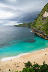 Aerial view of Kelingking beach, a beach off the coast of Nusa Penida Island.