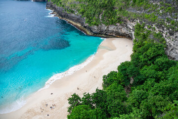 Aerial view of Kelingking beach, a beach off the coast of Nusa Penida Island.