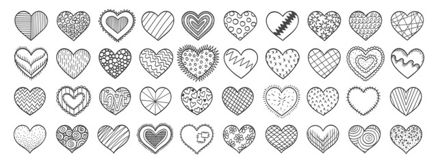 Hearts doodles set. Retro style heart shapes. Valentines day hearts. 70s, 80s, 90s style love stickers. Love, romance, wedding. Valentines day sketches.