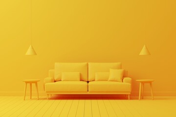 Yellow cozy living area scene. Interior of living minimal style with empty space for products presentation or text for advertising.