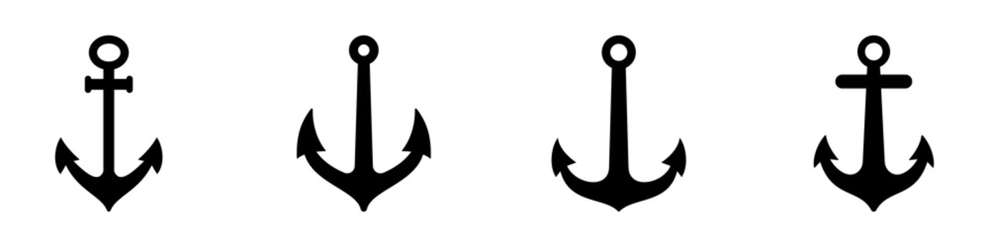 Anchor icon. Various shapes of anchors. Set of black anchor icons. Vector illustration.