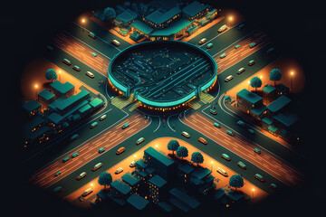 Fototapeta na wymiar Top view of a nighttime metropolis with a transportation hub. Generative AI
