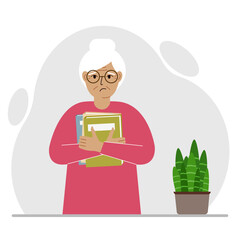 A old woman holds a stack of books in his hands. Knowledge or education for future work, personal improvement, reading list.