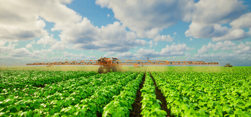 Agriculture tractor spraying fertilizer on soybean fields, Technology smart farm concept, 3d render