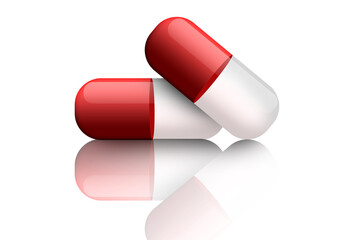 Two Red and white glossy shining pills illustration isolated on white backgrounnd