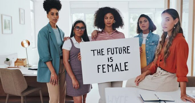 Diversity, woman empowerment and protest poster for justice motivation, human rights and freedom or equality. Interracial women, portrait and confidence, support and cardboard sign for discrimination