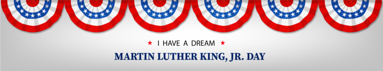 Happy Martin Luther King day. Congratulatory inscription on the background colors of the American Flag. No people. Closeup, top view - obrazy, fototapety, plakaty