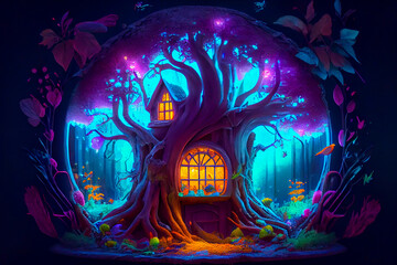 Fairytale fantasy forest with house inside a big tree, ai illustration