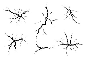 Crack effect set. Fissure texture. Wall, ground, glass, concrete cracks. Earthquake symbol collection. Vector illustration.