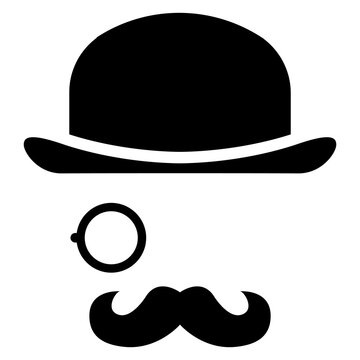 Logo moda de caballero. Silueta aislada de sombrero bombín, monóculo y bigote