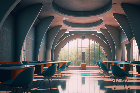 Futuristic school interior, ai illustration. Futuristic university