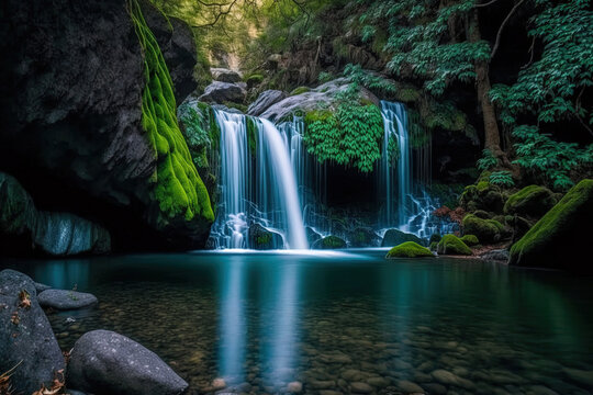 Stunning picture of a waterfall in a forest. Generative AI