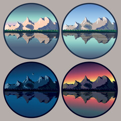 Mountain and lake landscape in circle. Vector for printing labels, printing on postal cards, badges and other