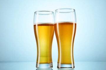 Fizzy yellow beer poured to tall glasses on light blue.