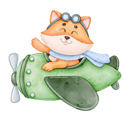 Cat pilot children's watercolor illustration