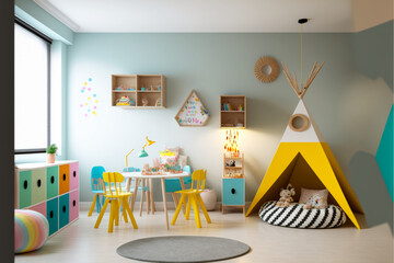 Interior of modern children's room with stylish furniture and toys, Kids play room, kids bed room, Children's hut, play tent and toys