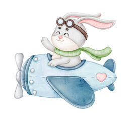 Obraz na płótnie Canvas Hare pilot children's watercolor illustration