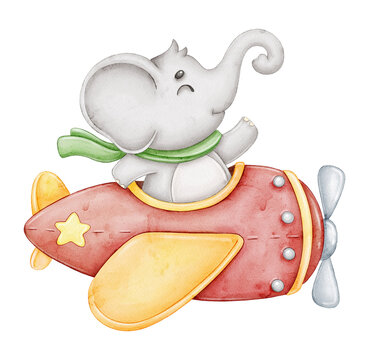 Elephant pilot children's watercolor illustration