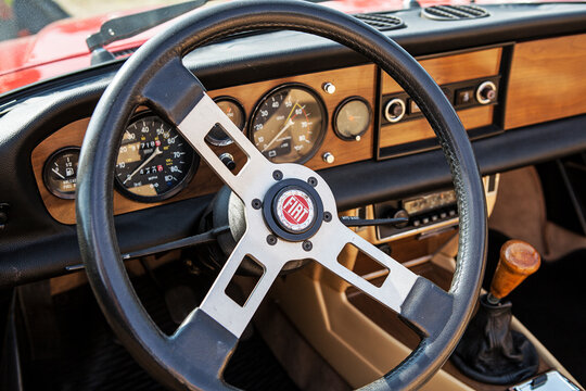 POZNAN-POLAND, SEP 23, 2022: The interior of a historic Fiat. Exhibition of old cars at the fair in Poznan