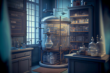 Futuristic scientific laboratory, biology and chemistry research lab, experiment room, ai illustration
