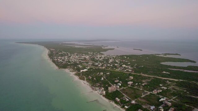 Orbit Drone view of settlement over the beach Water island. ocean stock clips