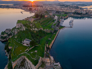 Aerial view of old Venetian fortress of Corfu town, Greece. The Old Fortress of Corfu is a Venetian...