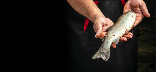 Male hands holding rainbow trout with lemon, garlic, herbs and spices, Fish dish cooking. Long...