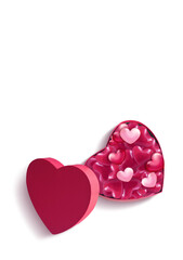 Open pink heart shaped gift box with hearts on white background. Design for Valentine's Day