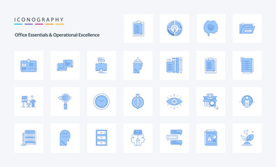 25 Office Essentials And Operational Exellence Blue icon pack. Vector icons illustration