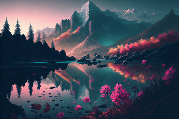 Aesthetic background of a natural landscape with pink colors. Wallpaper. Generative AI.