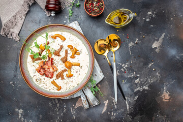 wild mushroom soup, homemade cream of mushroom. banner, menu, recipe place for text, top view