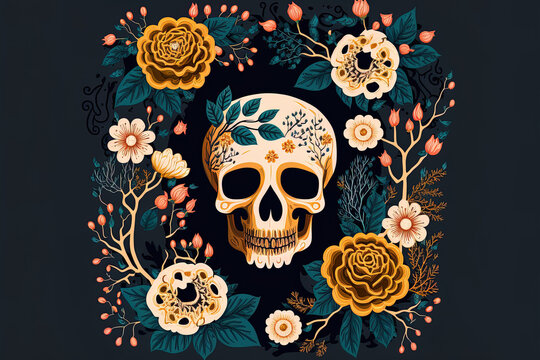 flower adorned skull Halloween art of roses and pumpkins for the holiday in the fall. Generative AI