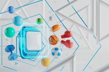 sport object with smartwatch copy space screen. 3d illustration. realistic rendering. fitness health app. online healthy program. white digital display. exercise activity. sports game play competition