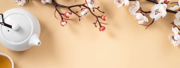 Chinese lunar new year background design concept with white plum flower and festive decoration. - obrazy, fototapety, plakaty