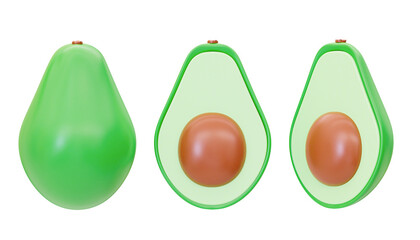 Avocado from different angles. 3d rendering illustration.
