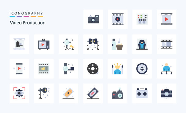 25 Video Production Flat color icon pack. Vector icons illustration