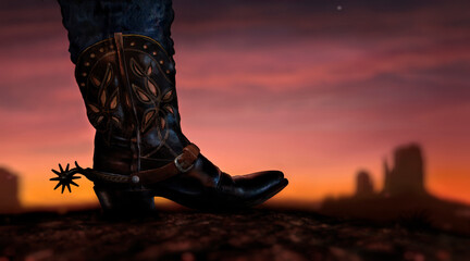 Cowboy boot and Mittens at sunset, Monument Valley, Arizona, USA