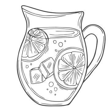 recommend clip art: Glass jug with cold lemonade and slices of lemon, orange. Homemade refreshing, summer drink. Doodle. Vector illustration. Outline.